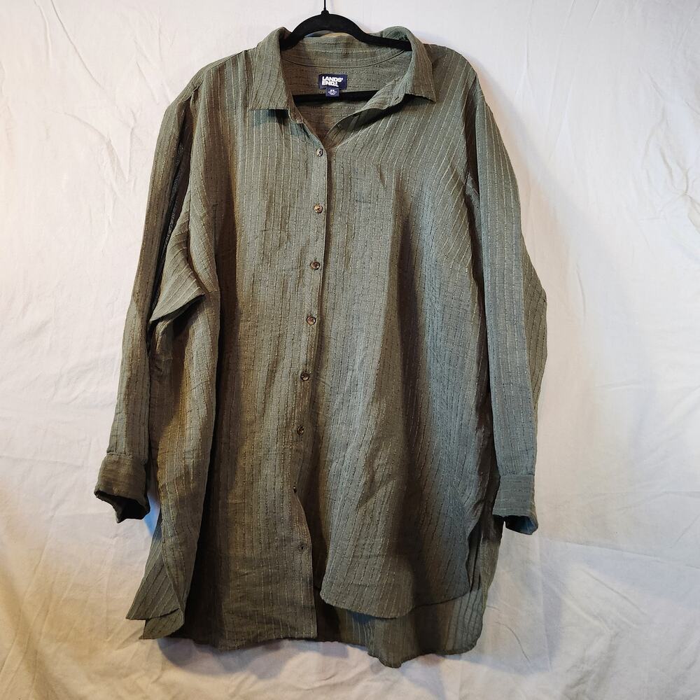 Lands' End Women 2X Plus Olive Green Crinkle Stripe Button Up Shirt Tunic Top